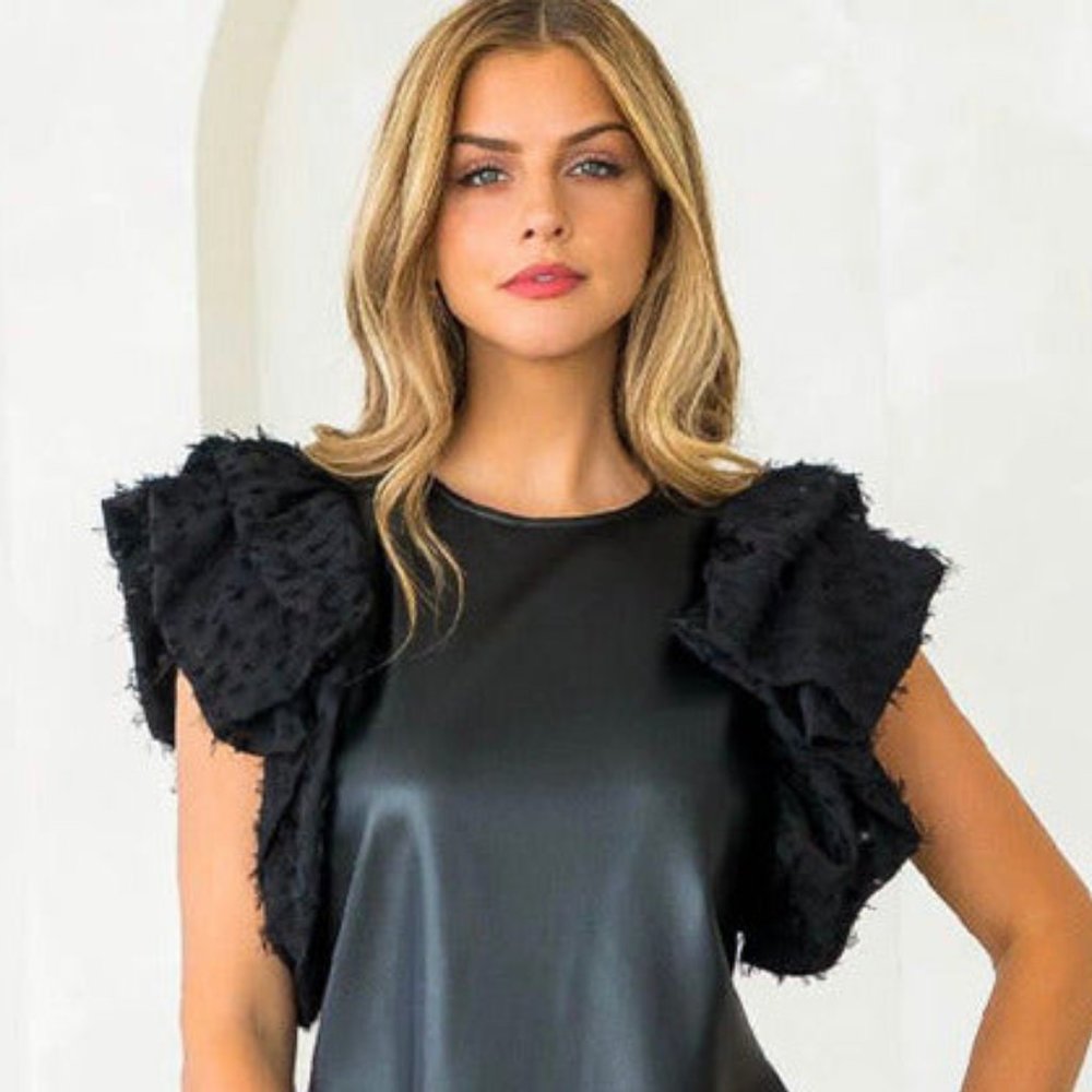 THML Black Leather Flutter Sleeve Top Size Medium